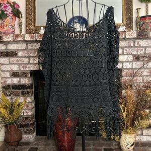 Marci Black Floral Crochet Fringe Boho Whimsy Cold Shoulder Top Sz 2X